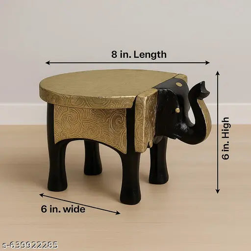 Handcrafted Gold Brass Embossed Elephant Stool – 6 Inch Decorative Table
