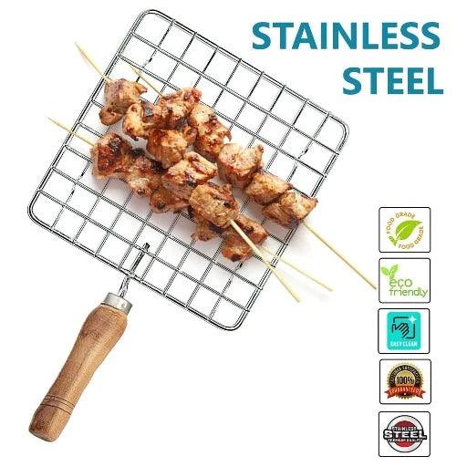 Griller-Kitchen Round Stainless Steel Roaster Papad Jali, Roti Roaster Barbecue Grill with Wooden Handle (Pack of 1) - Springkart 