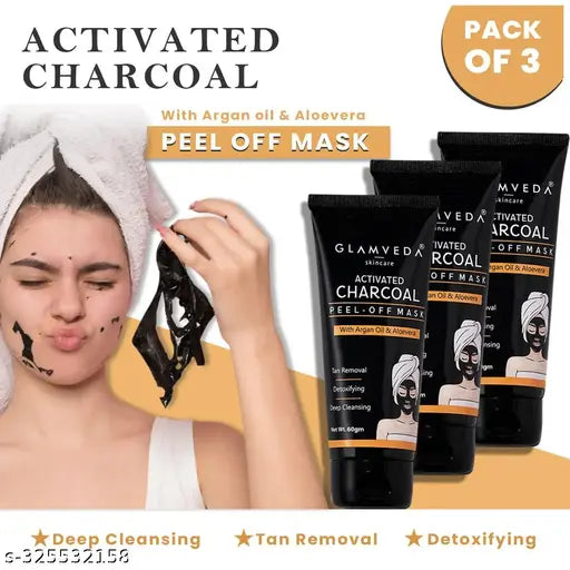 Glamveda Activated Charcoal Blackhead & Whitehead Reamoval Peel Off Mask ( Pack Of 3) | Face Pack For de tan & Dark Spots Removal | All Skin Types , Paraben Free 180 gm