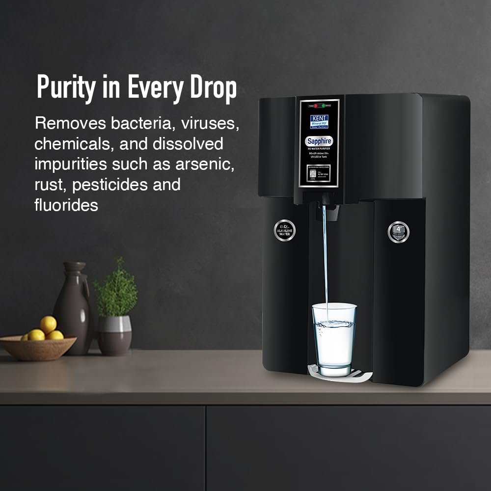 KENT Sapphire-B RO Water Purifier|RO+UF+Inline UV+Alkaline+TDS Control+UV LED in Tank |Fully Automatic On & OFF Operation|.0001 Micron RO Membrane|20 LPH|8L| Ideal For Borewell/Tanker/Municipal Water