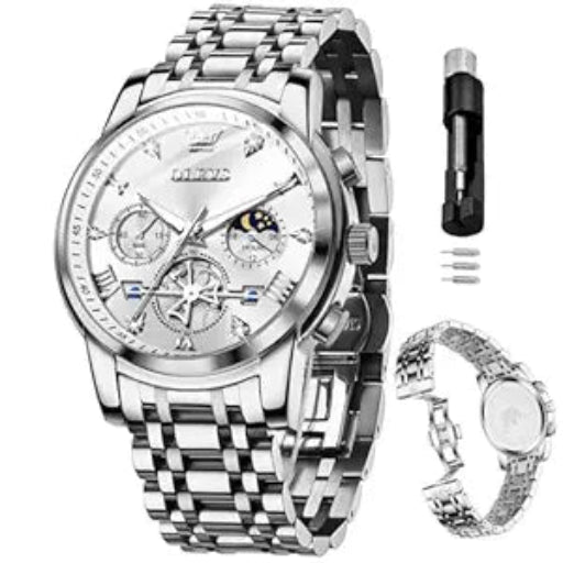 OLEVS Mens Chronograph Watch Gold Silver Stainless Steel Chain Quartz Wrist Watches Business Dress Waterproof Luminous Date Watch