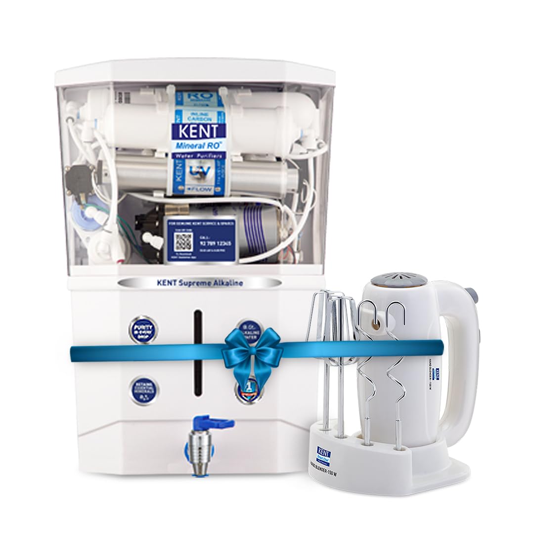 KENT Supreme Alkaline RO Water Purifier|RO+UV+UF+Alkaline+TDS Control+UV LED Tank |.0001 Micron RO Membrane|Auto flush feature|20LPH|Ideal for Borewell/Tanker/Municipal Water