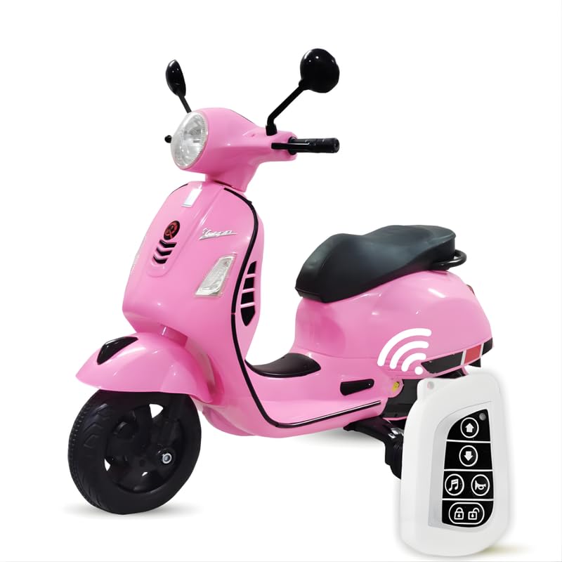 Vespa 12V Battery Operated Rechargeable Ride-On Scooter for Kids with Remote | Electric Scooty for Girls & Boys (1–6 Years, Red), Music, Lights, USB, Safety Wheels