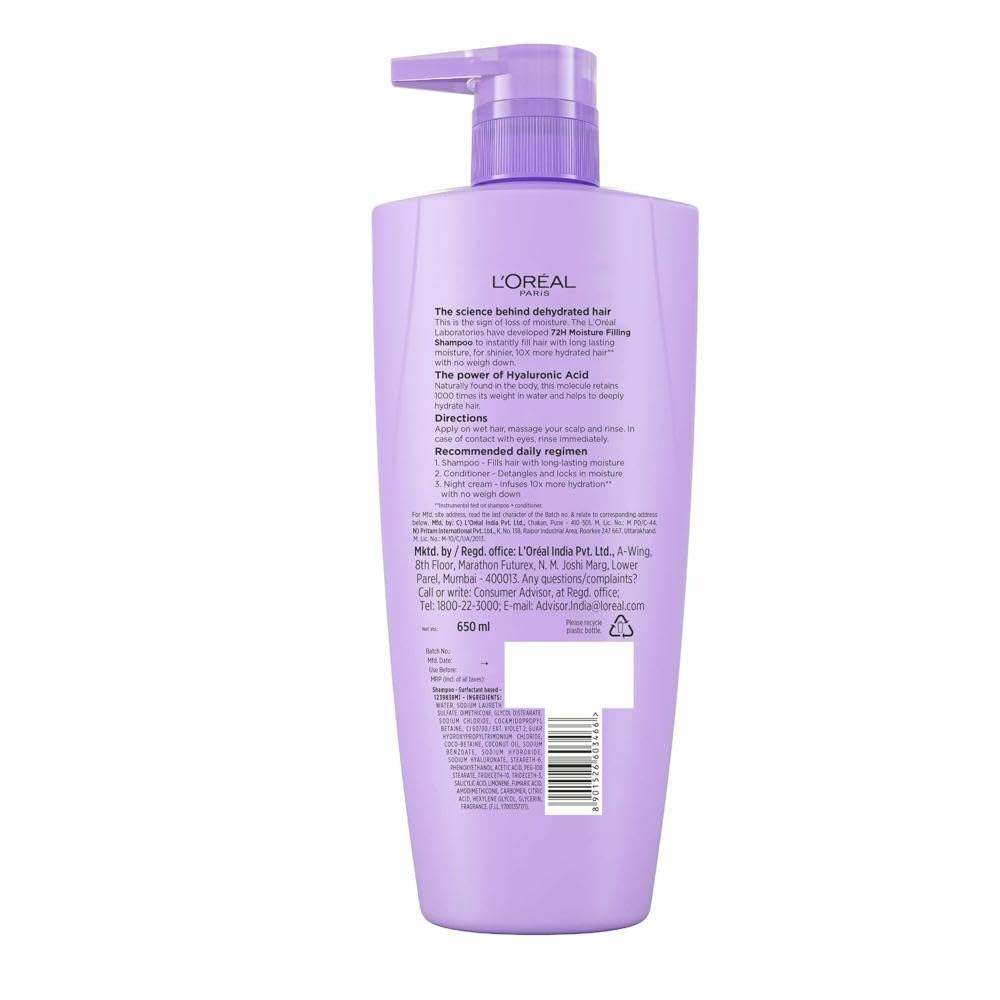 L'Oreal Paris Hyaluron Moisture 72HR Moisture Filling Shampoo powered by Hyaluronic Acid, for Frizz-free, Hydrated and Bouncy Hair Full of Life | 650 ml - Springkart 