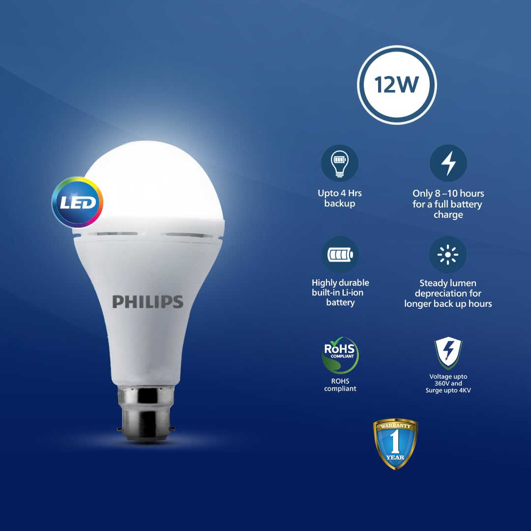 Philips 12W Emergency Bulb | Rechargeable Emergency Bulb for Power Cuts | Backup : 4hrs, Cool Day Light,Pack of 1