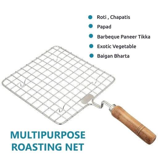 Griller-Kitchen Round Stainless Steel Roaster Papad Jali, Roti Roaster Barbecue Grill with Wooden Handle (Pack of 1) - Springkart 