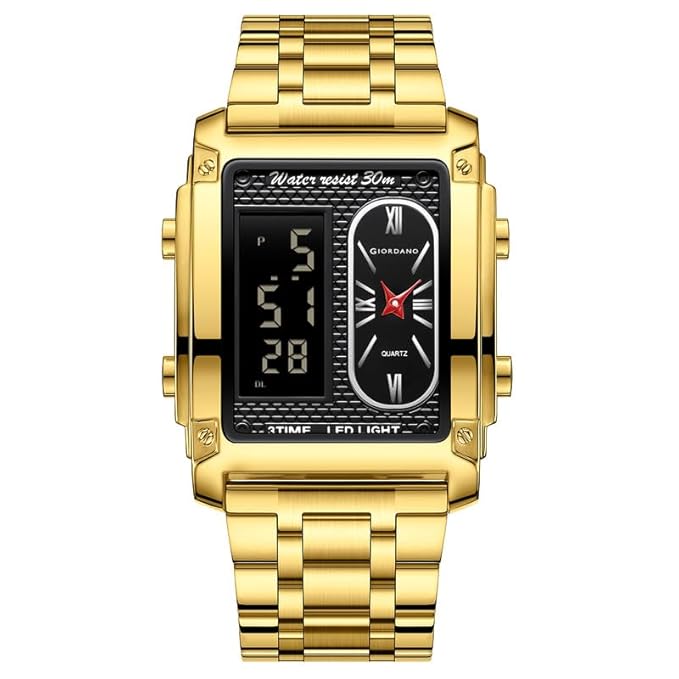 Giordano Analog-Digital Quartz Watch for Men with LED Light, 3-Time Display, Date Function, 30M Water Resistance & Stainless Steel Strap