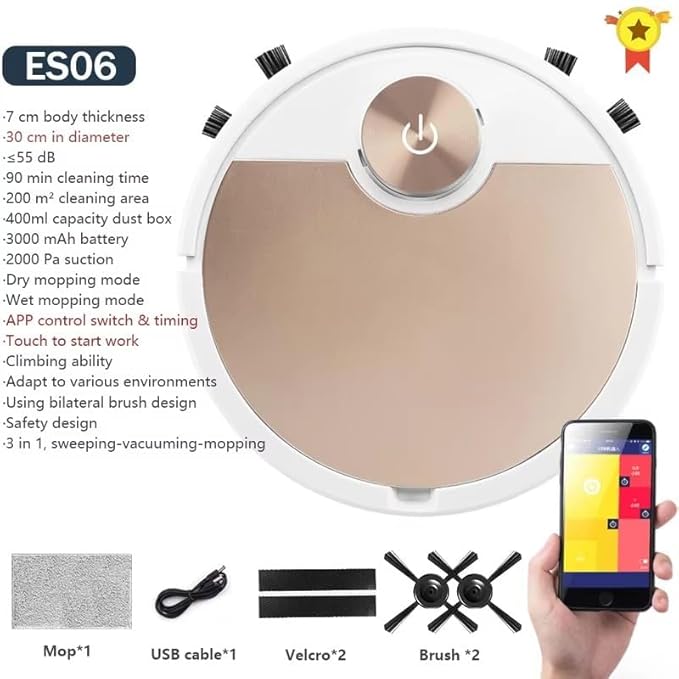 Robot Vacuum Cleaner with Mop, High Suction, Smart Gyro Navigation, Carpet Auto Boost, Slim, Quiet, App Control Robotic Vacuum Cleaner for Hard Floor/Carpet/Pet Hair (Gold)