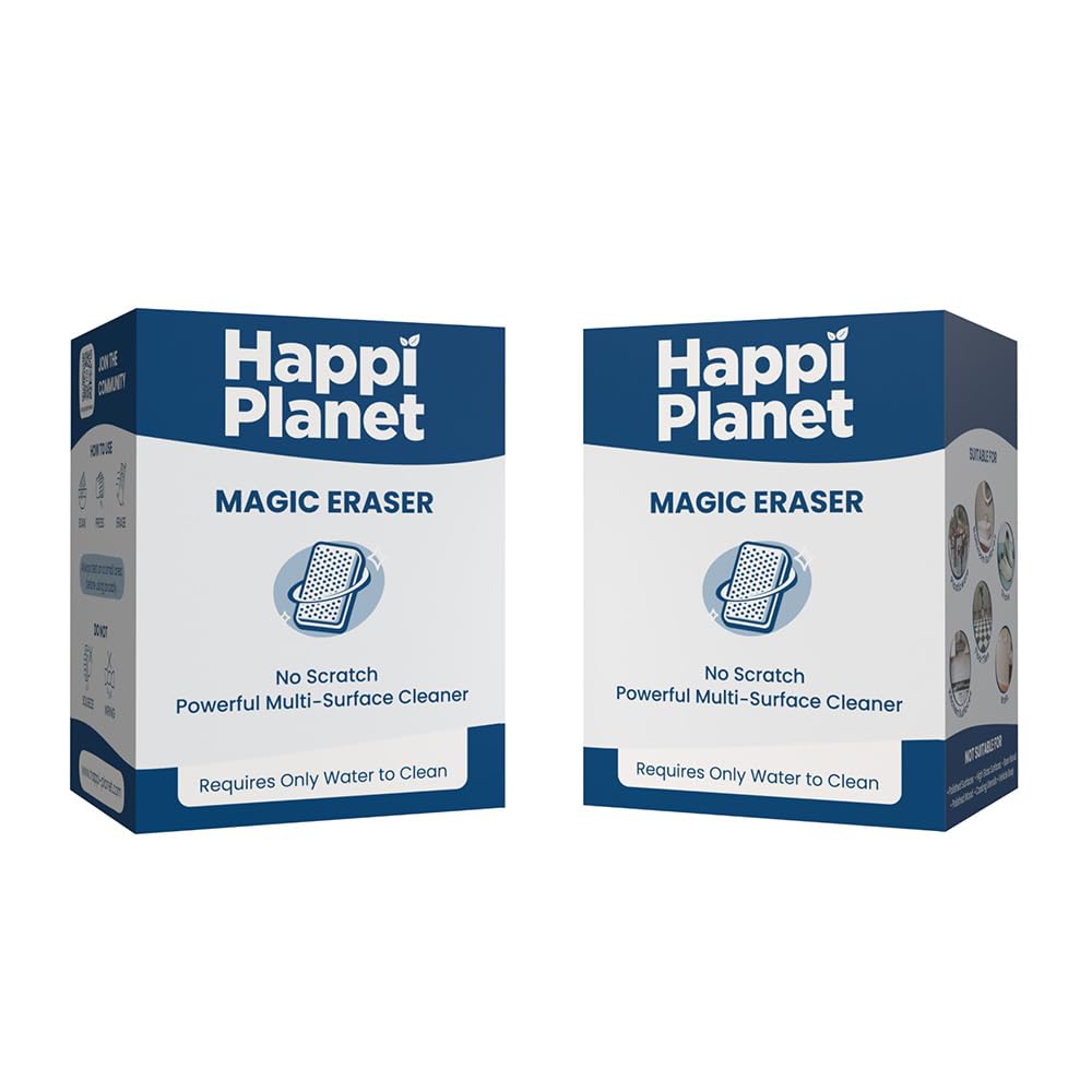 Happi Planet Magic Eraser | Pack of 4 | No Scratch Multi-Surface Cleaning Sponge | Removes 100+ Tough Stains | Just Add Water | Walls, Kitchen, Bathroom, Shoes & Switch Boards