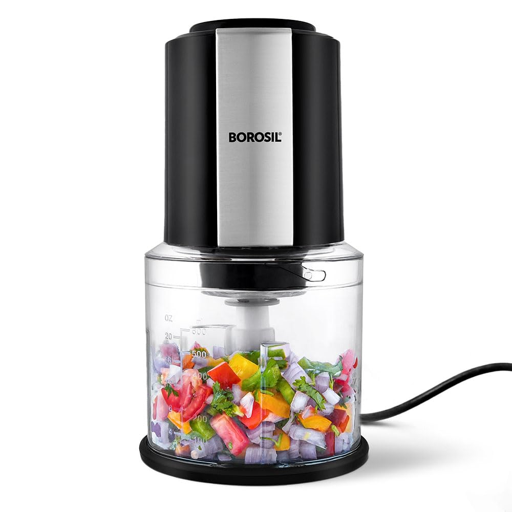 Borosil Chef Delite 300 Watts Electric Chopper for Kitchen, Twin Blade Technology, 600 ml 'chop-n-store' plastic bowl with lid, Vegetable Chopper, Cutter, Chop, Mince, Dice, Whisk, Blend - Springkart 