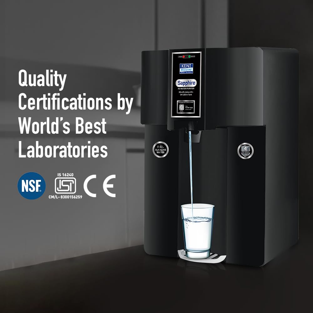 KENT Sapphire-B RO Water Purifier|RO+UF+Inline UV+Alkaline+TDS Control+UV LED in Tank |Fully Automatic On & OFF Operation|.0001 Micron RO Membrane|20 LPH|8L| Ideal For Borewell/Tanker/Municipal Water