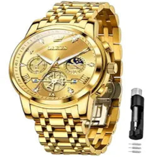 OLEVS Mens Chronograph Watch Gold Silver Stainless Steel Chain Quartz Wrist Watches Business Dress Waterproof Luminous Date Watch