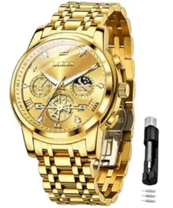 OLEVS Mens Chronograph Watch Gold Silver Stainless Steel Chain Quartz Wrist Watches Business Dress Waterproof Luminous Date Watch