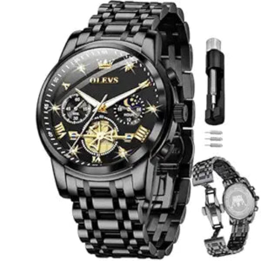 OLEVS Mens Chronograph Watch Gold Silver Stainless Steel Chain Quartz Wrist Watches Business Dress Waterproof Luminous Date Watch