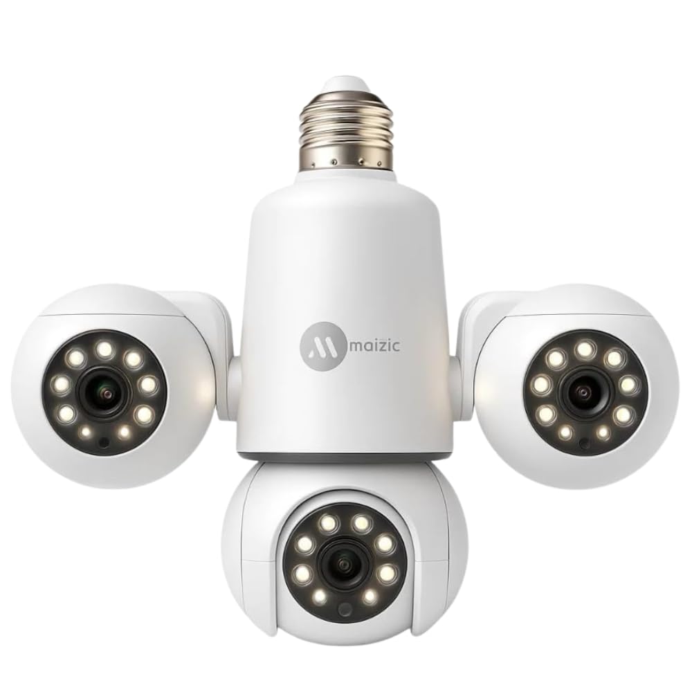 Maizic Smarthome Trion Bulb 5+5+5MP FHD Triple Lens WiFi CCTV Camera | Manual Side Rotation | 360° View | Color Night Vision | AI Human Detection | Two-Way Audio | Indoor Security | TF Card Support