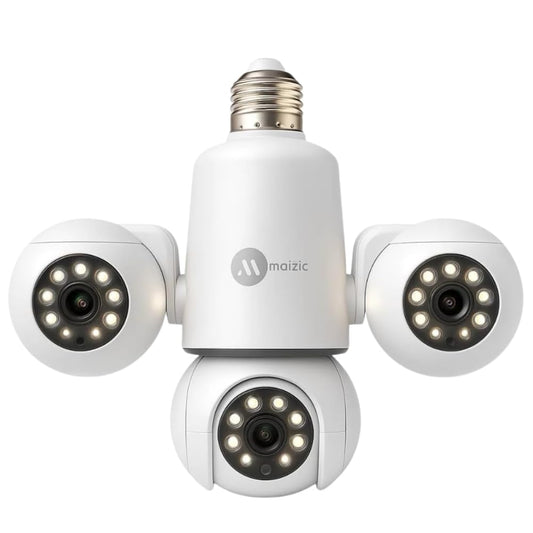Maizic Smarthome Trion Bulb 5+5+5MP FHD Triple Lens WiFi CCTV Camera | Manual Side Rotation | 360° View | Color Night Vision | AI Human Detection | Two-Way Audio | Indoor Security | TF Card Support