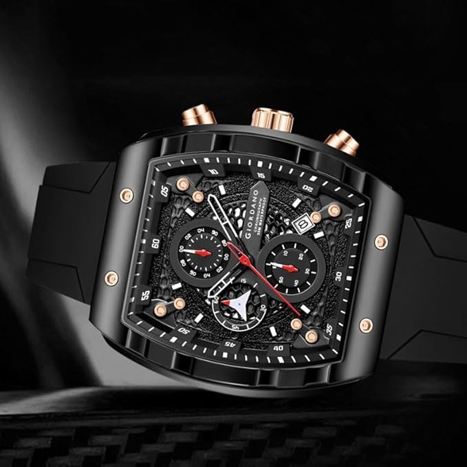 Giordano Square Dial Multifuncational Watch for Men with Stylish Design, Waterproof, Date Display & Silicone Strap