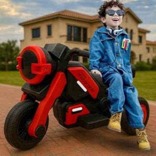 Storio Red Battery Ride-on Bike for Kids – Electric Motorcycle with Support Wheels, Music, LED Lights, Headlight, Rechargeable Battery, Smooth Ride.