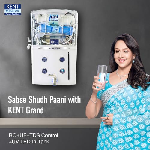KENT Grand RO Water Purifier | Advanced RO Tech for Sabse Shudh Paani | RO+UF+TDS Control + UV LED Tank | 8L | 20LPH Flow | Ideal for Borewell/Tanker/Municipal Water | Largest Service Network : Amazon.in: Home & Kitchen