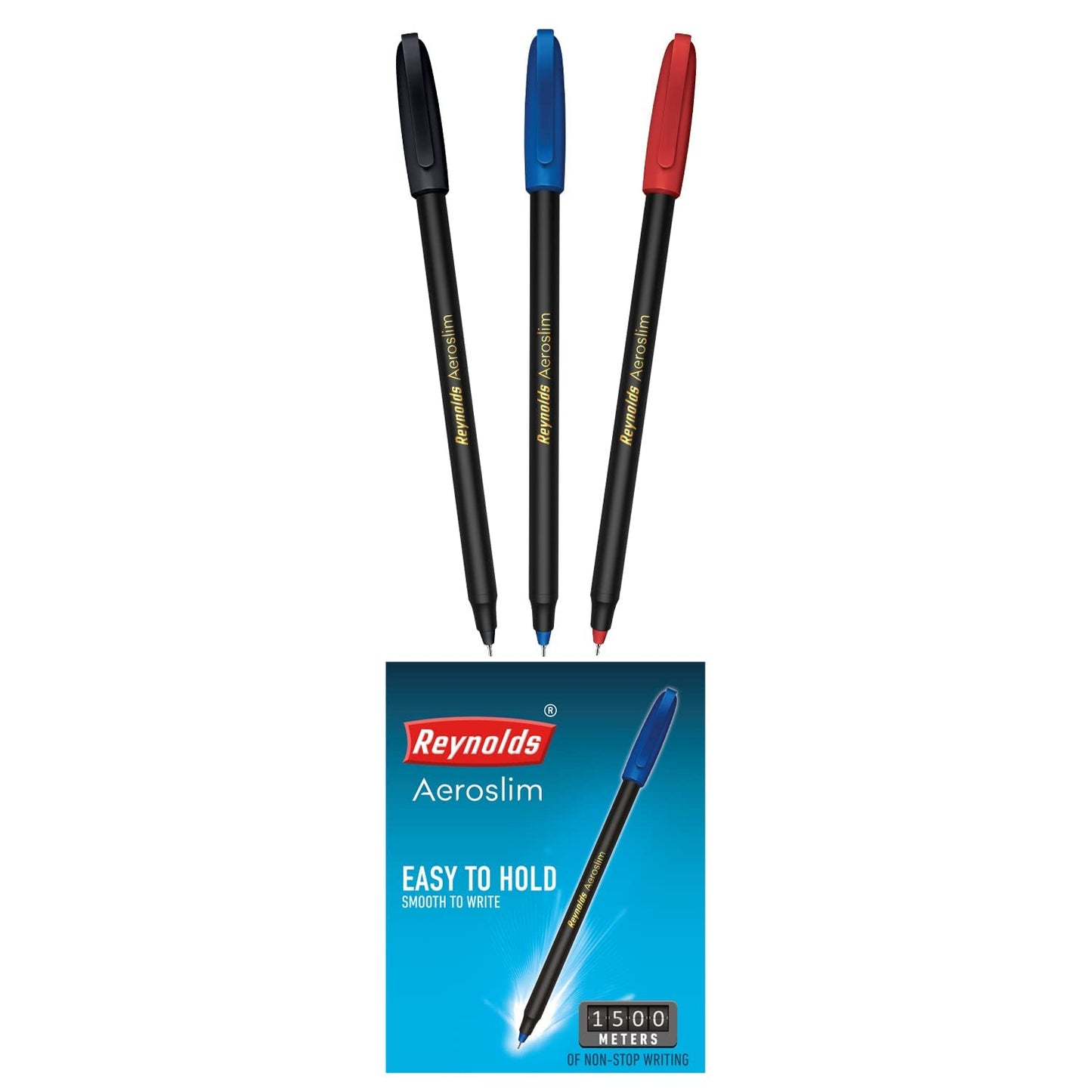 Reynolds AEROSLIM Ball Pen SET - 50 BLUE PENS WITH COMFORTABLE GRIP |BLUE BALL PENS FOR WRITING | PEN FOR STUDENTS & OFFICE STATIONERY | 0.7 mm TIP SIZE - Springkart 