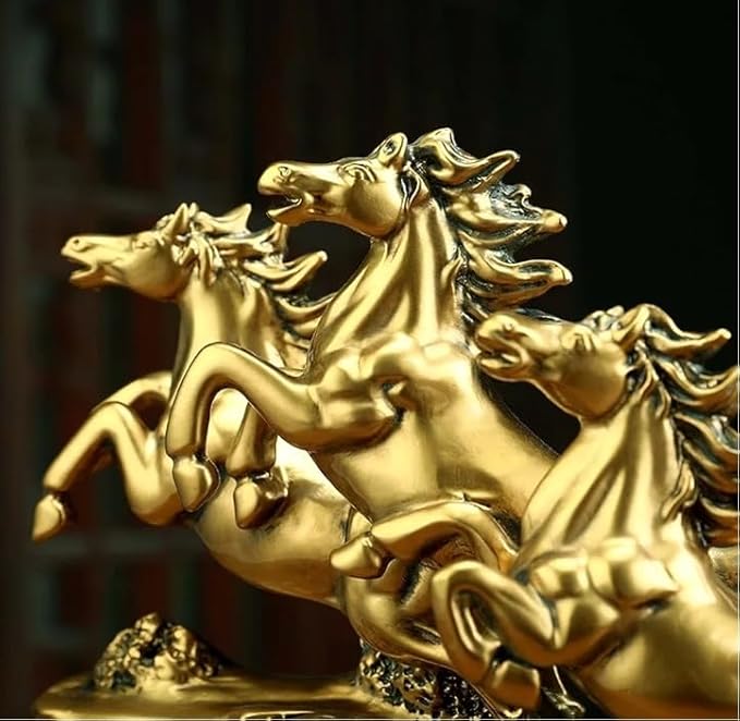 UAG Exports Golden 19 Inch 7 Running Victory Horses Resin Statue Vastu Feng Shui Showpiece for Living Room, Home Decor, Office, Housewarming, Anniversary, Birthday Gift