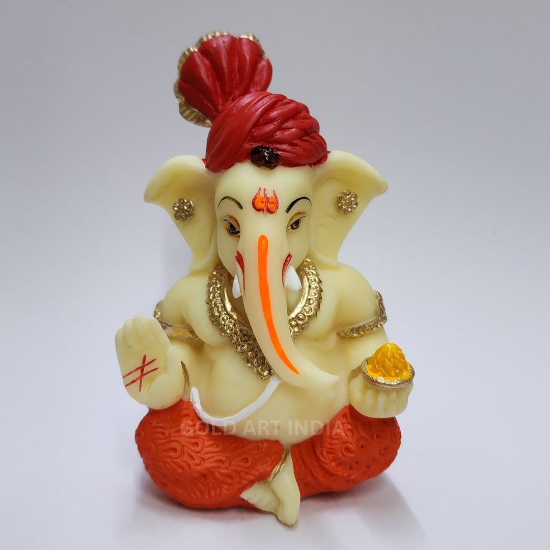 Gold Art India Polyresin Lord Ganesha Idol for Car Dashboard, Home, Office | Ganpati Statue for Mandir Decor | Handcrafted Ganesh Murti (2 x 2.5 inch, Red & Orange)
