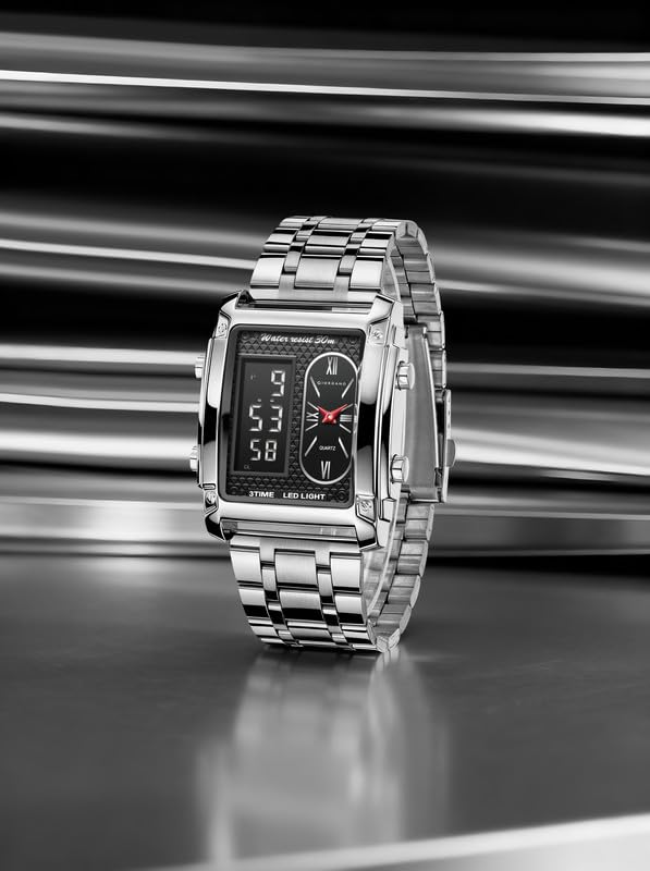 Giordano Analog-Digital Quartz Watch for Men with LED Light, 3-Time Display, Date Function, 30M Water Resistance & Stainless Steel Strap