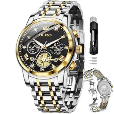 OLEVS Mens Chronograph Watch Gold Silver Stainless Steel Chain Quartz Wrist Watches Business Dress Waterproof Luminous Date Watch