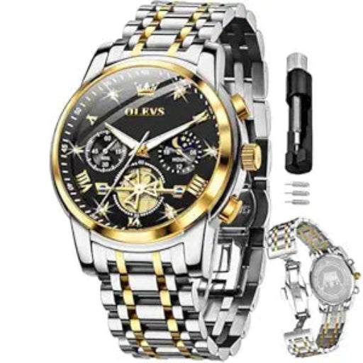 OLEVS Mens Chronograph Watch Gold Silver Stainless Steel Chain Quartz Wrist Watches Business Dress Waterproof Luminous Date Watch