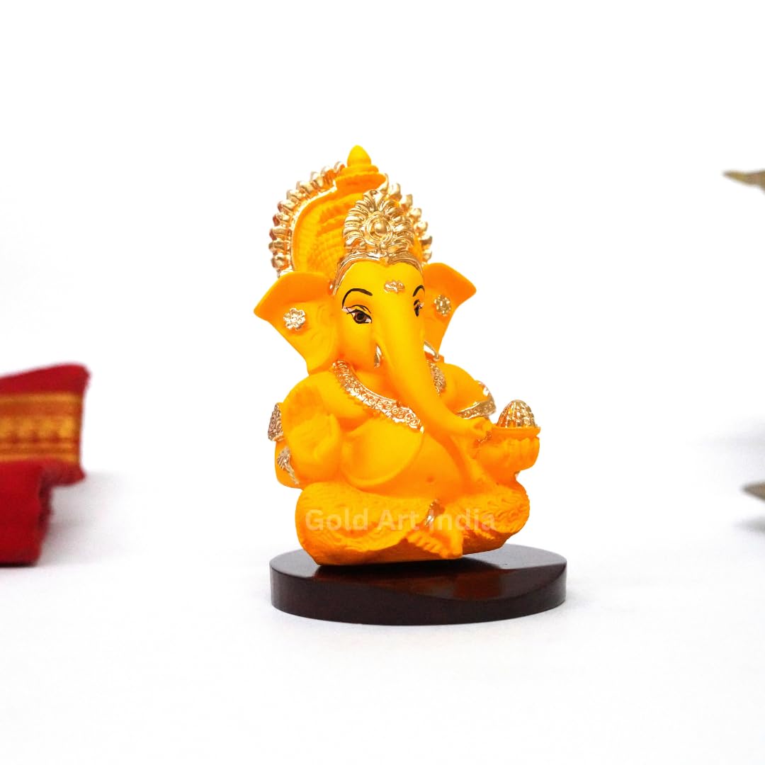 Gold Art India Ganesha Idol | Ganesh Statue for Home Decor | Ganesha murti for Office Desk, & Ganpati Idol for Car Dashboard | Unique Wedding & Birthday Gift (Gold Antique 3.5")