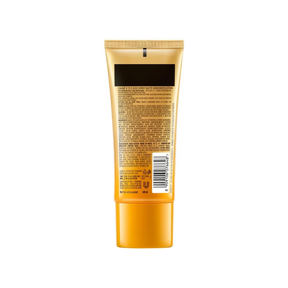 Lakme Sunscreen For Bright Skin, SPF 50 PA++++, Water Light, Niacinamide, In Vivo Tested, 100 ml