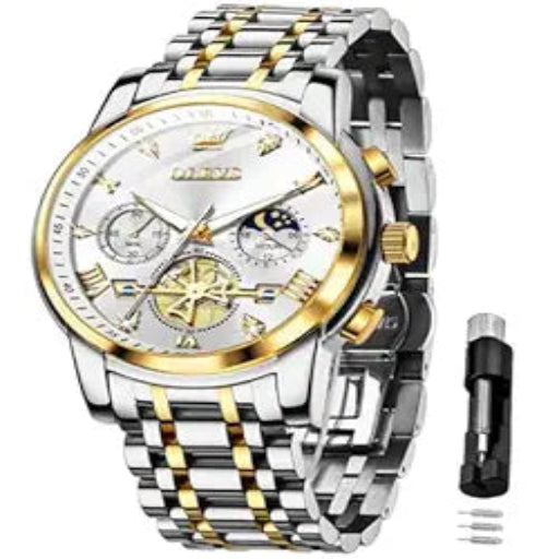 OLEVS Mens Chronograph Watch Gold Silver Stainless Steel Chain Quartz Wrist Watches Business Dress Waterproof Luminous Date Watch