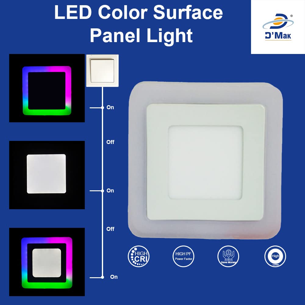 D'Mak 6 Watt Square Surface Dual LED Panel Light White and Pgb Lamp Downlight AC 100-265V Lights with IC Driver Energy Super Saver (Pink, Green, Blue, 6 W)