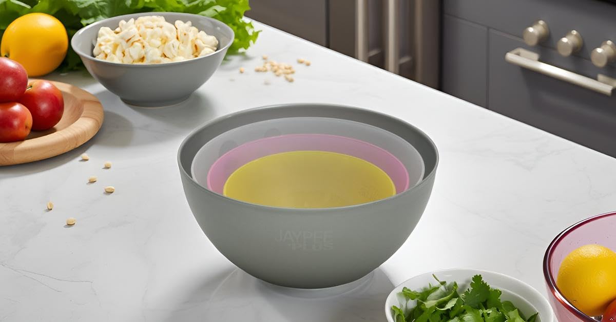 Jaypee Plus Virgin Plastic Mixing Bowl | Lightweight, Strong & Durable Bowls | Ideal for Serving, Storing & Stacking Set of 4 -(2800+2000+1200+800) ml (Multicolor)