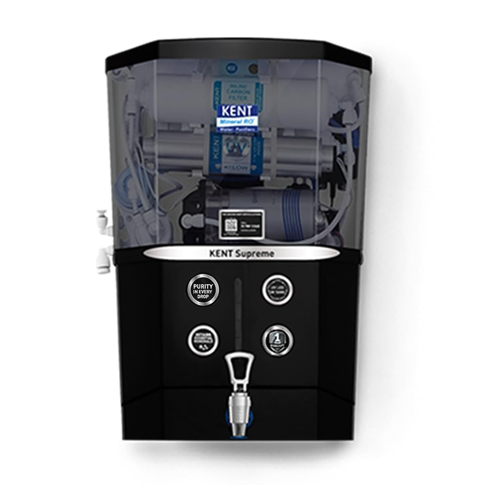 KENT Supreme Alkaline RO Water Purifier|RO+UV+UF+Alkaline+TDS Control+UV LED Tank |.0001 Micron RO Membrane|Auto flush feature|20LPH|Ideal for Borewell/Tanker/Municipal Water