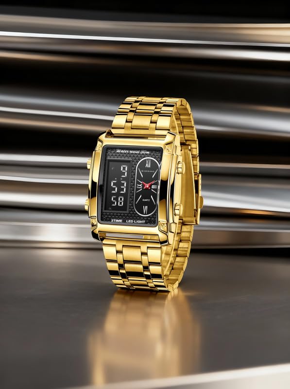 Giordano Analog-Digital Quartz Watch for Men with LED Light, 3-Time Display, Date Function, 30M Water Resistance & Stainless Steel Strap