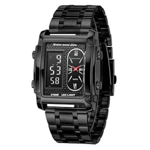 Giordano Analog-Digital Quartz Watch for Men with LED Light, 3-Time Display, Date Function, 30M Water Resistance & Stainless Steel Strap
