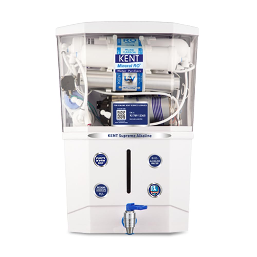 KENT Supreme Alkaline RO Water Purifier|RO+UV+UF+Alkaline+TDS Control+UV LED Tank |.0001 Micron RO Membrane|Auto flush feature|20LPH|Ideal for Borewell/Tanker/Municipal Water