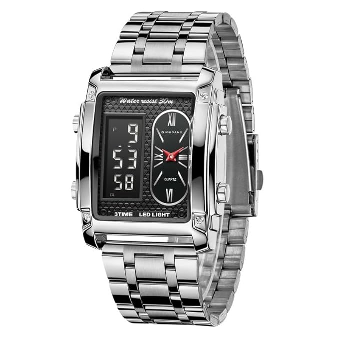 Giordano Analog-Digital Quartz Watch for Men with LED Light, 3-Time Display, Date Function, 30M Water Resistance & Stainless Steel Strap