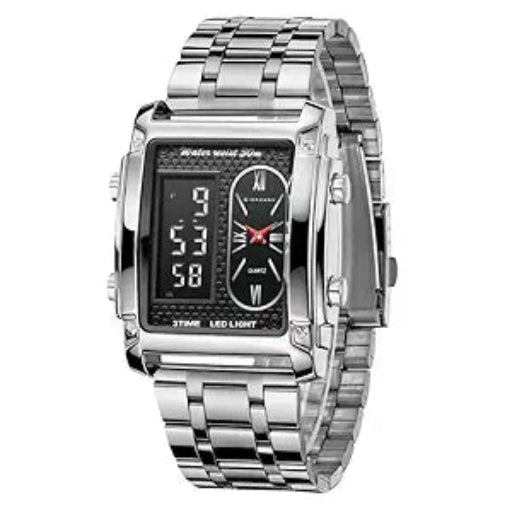 Giordano Analog-Digital Quartz Watch for Men with LED Light, 3-Time Display, Date Function, 30M Water Resistance & Stainless Steel Strap