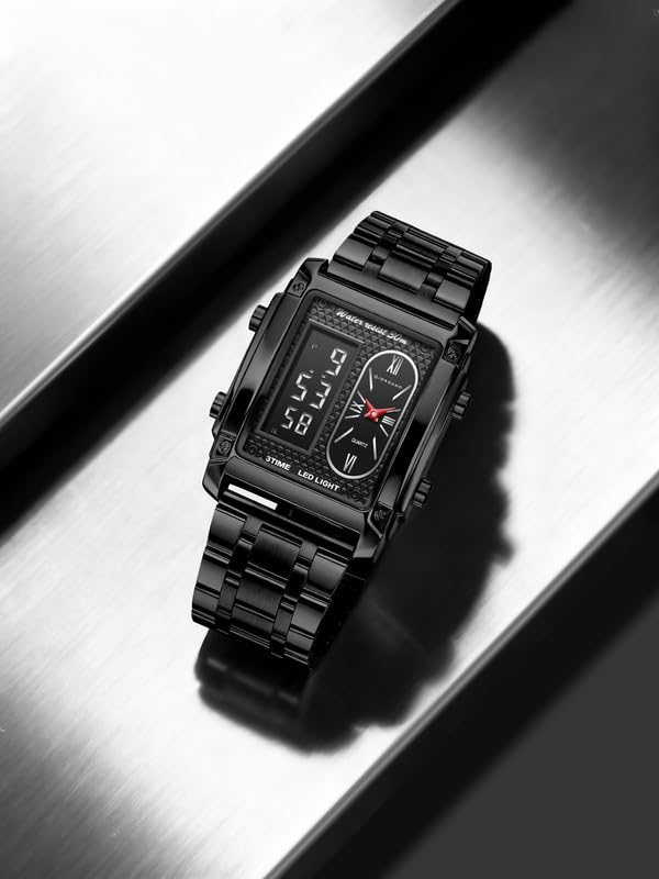 Giordano Analog-Digital Quartz Watch for Men with LED Light, 3-Time Display, Date Function, 30M Water Resistance & Stainless Steel Strap