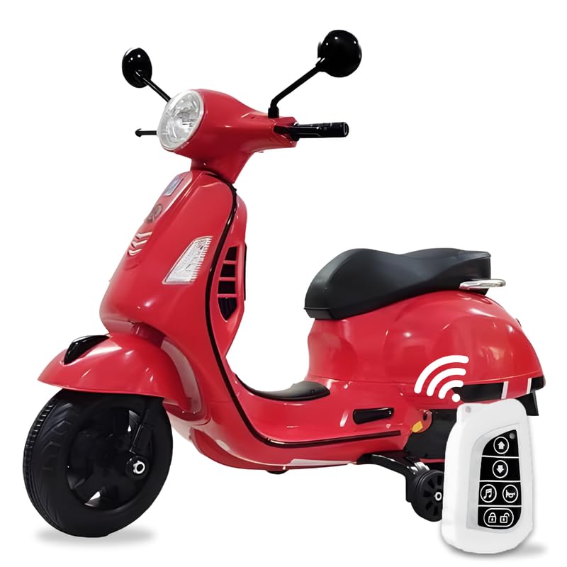 Vespa 12V Battery Operated Rechargeable Ride-On Scooter for Kids with Remote | Electric Scooty for Girls & Boys (1–6 Years, Red), Music, Lights, USB, Safety Wheels