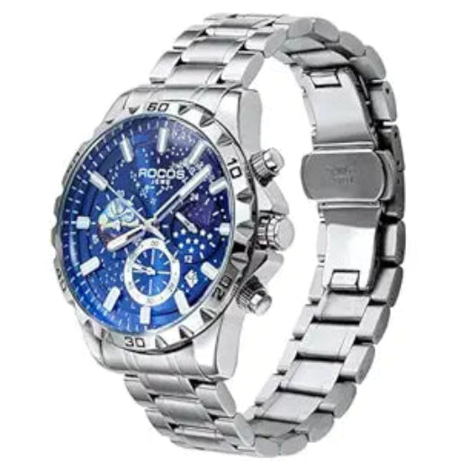 R0916 Men’s Luxury Quartz Watch – Deep Blue-Black Dial, Stainless Steel Strap, Waterproof & Luminous Analog Watch with Date & Moon Phase