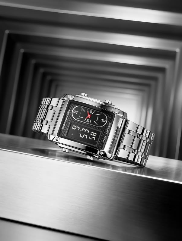 Giordano Analog-Digital Quartz Watch for Men with LED Light, 3-Time Display, Date Function, 30M Water Resistance & Stainless Steel Strap
