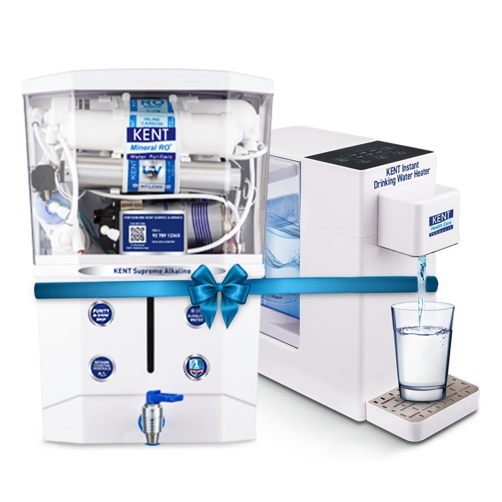 KENT Supreme Alkaline RO Water Purifier|RO+UV+UF+Alkaline+TDS Control+UV LED Tank |.0001 Micron RO Membrane|Auto flush feature|20LPH|Ideal for Borewell/Tanker/Municipal Water