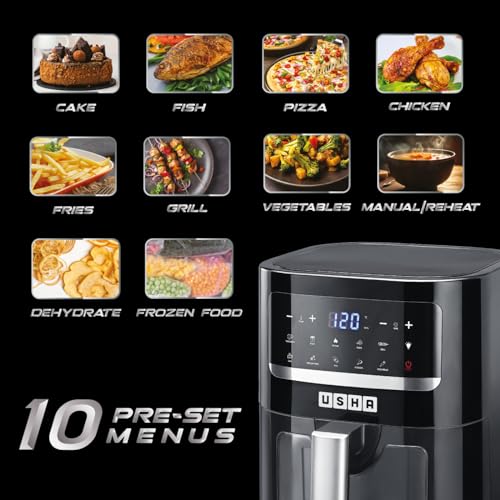 USHA Ichef Smart Air Fryer 4.5L,10 In 1 Functions10 Preset Menu|Digital Display&Touch Panel|Transparent Window|Illuminated Chamber|Turbo Air Circulation|Oil Free Cooking|Auto Pause/Start(Black),1350W :  Home & Kitchen