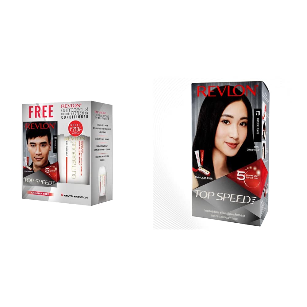 Revlon Top Speed Hair Color for Men Natural Black with Outrageous Conditioner 190ml | 100% Grey Coverage in 5 Minutes | Prevent Fading, add Volume, Softness & Shine to Hair