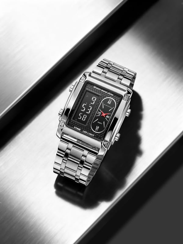 Giordano Analog-Digital Quartz Watch for Men with LED Light, 3-Time Display, Date Function, 30M Water Resistance & Stainless Steel Strap