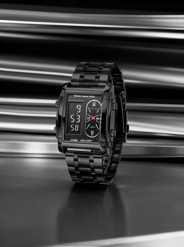 Giordano Analog-Digital Quartz Watch for Men with LED Light, 3-Time Display, Date Function, 30M Water Resistance & Stainless Steel Strap