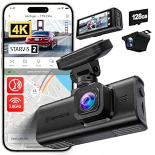 REDTIGER F7N Elite 4K HDR Dual Dash Cam Front & Rear, Sony STARVIS 2 Sensor, 5.8GHz WiFi APP, Built-in 128GB, 3.18" Touchscreen, Voice Control, GPS, 24H Parking Mode, WDR